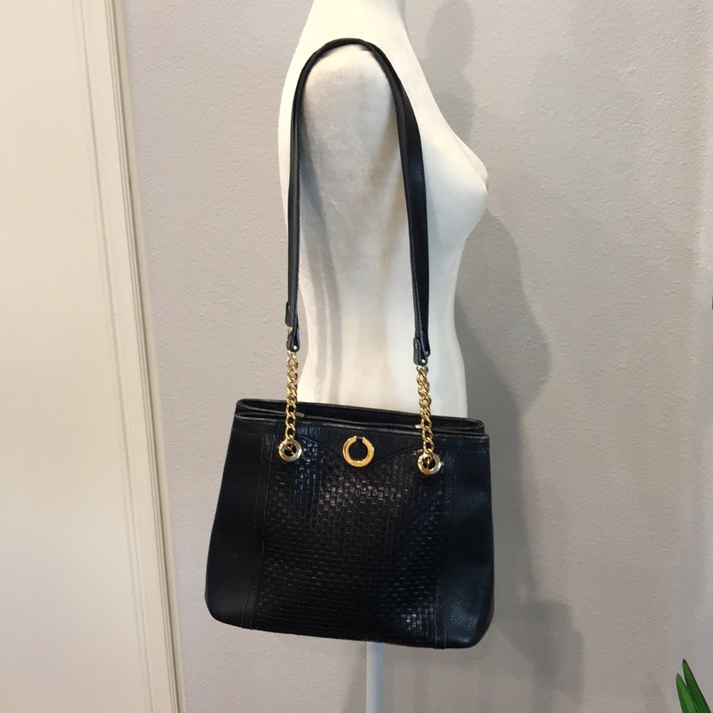 Authentic Bally Black Woven & Pebbled Leather Shoulder Tote